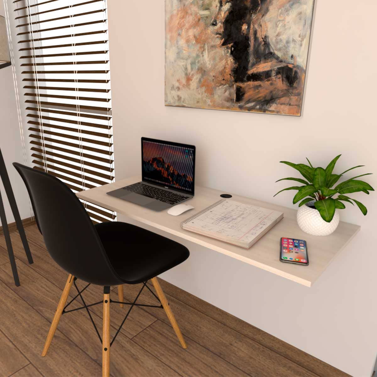 Espacio Home office con escritorio flotante y sillas estilo eames