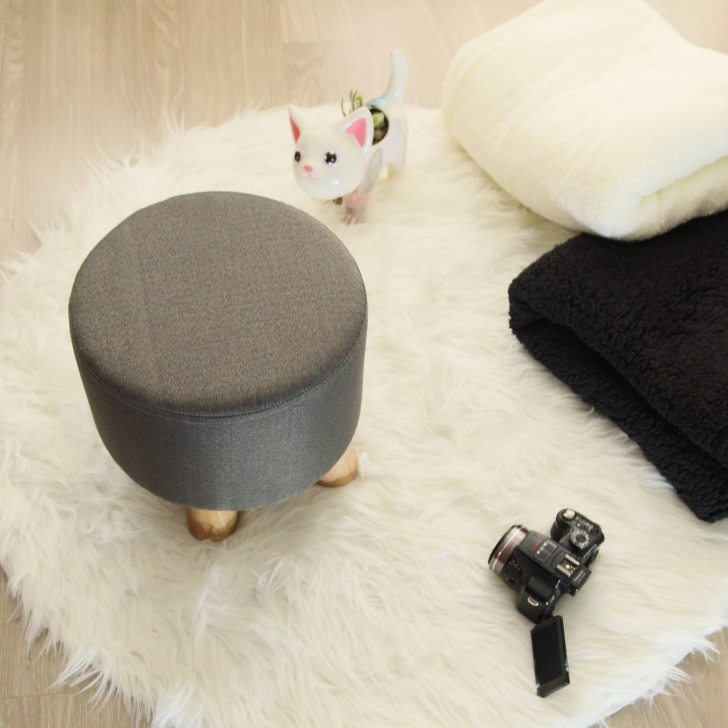 Puff Auxiliar Taburete Reposapies Redondo - Gris Oscuro