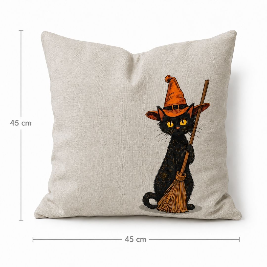 Funda Halloween Gato con Escoba y Sombrero