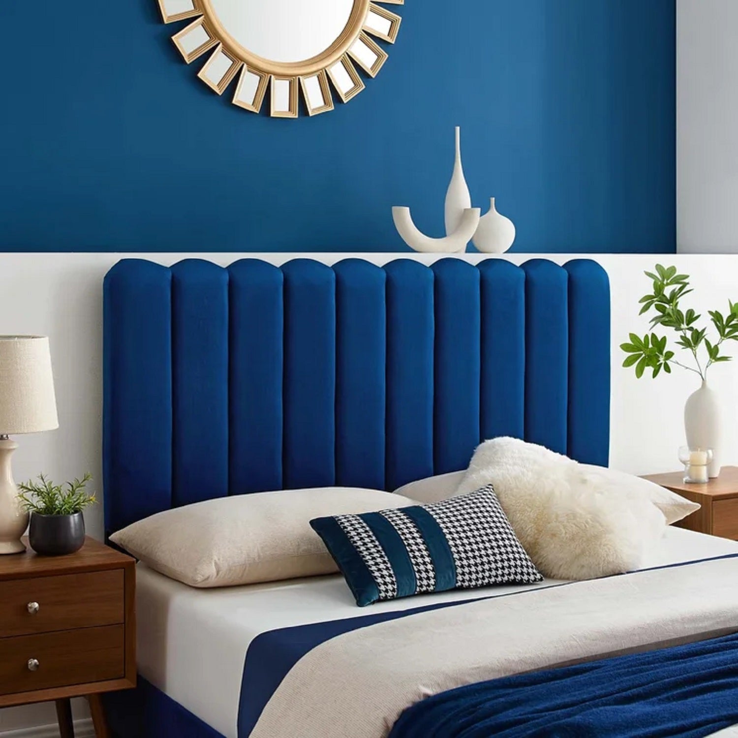 Cabecero en paneles o modulos curvos en tela tipo velvet pet-friendly azul rey