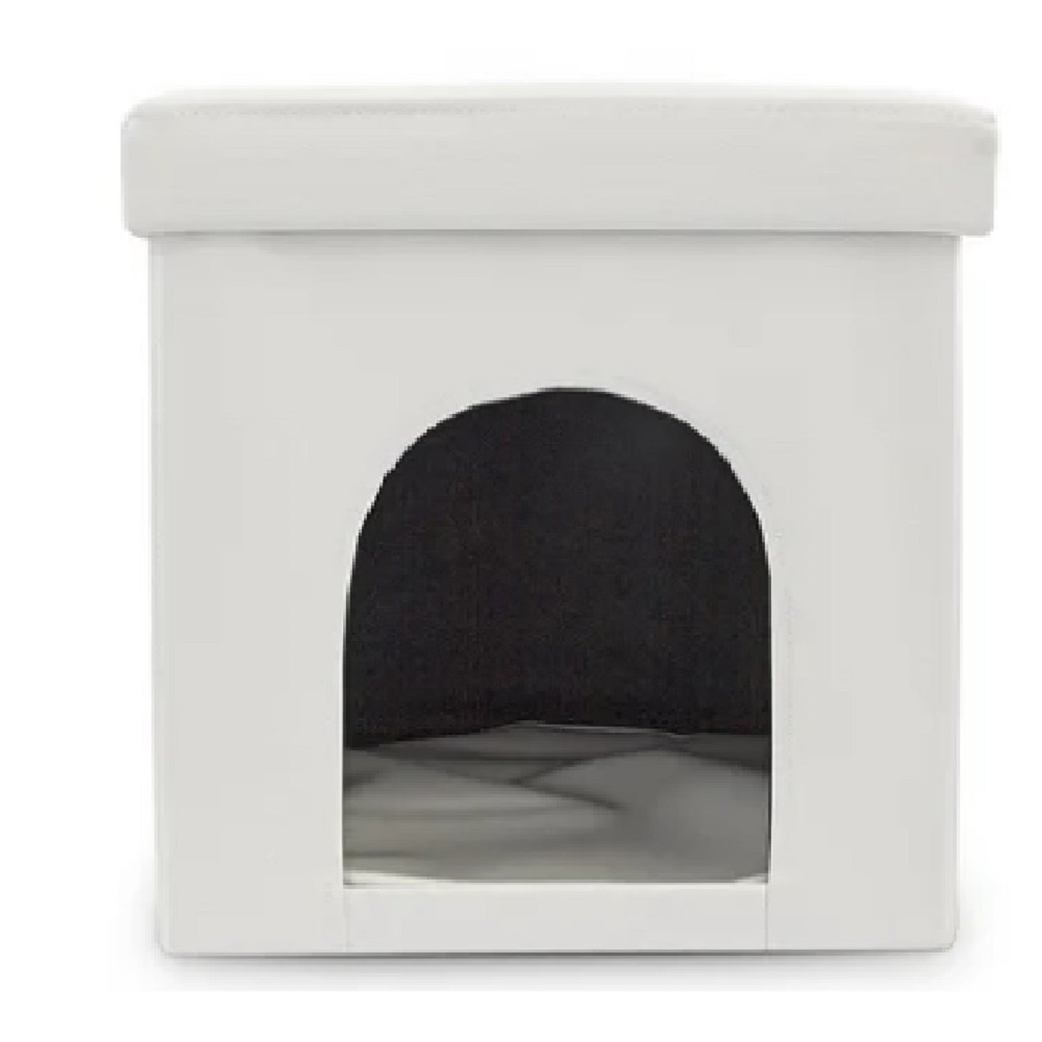 Casa cubo puff tipo baul para mascotas pequeñas en cuero sintetico color blanco