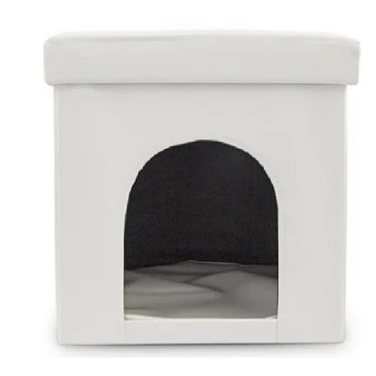 Casa cubo puff tipo baul para mascotas pequeñas en cuero sintetico color blanco