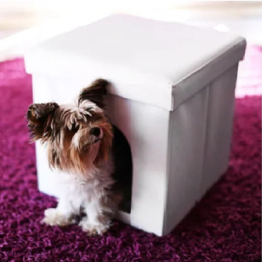 Casa cubo puff para mascotas pequeñas en cuero sintetico con tapa color blanco