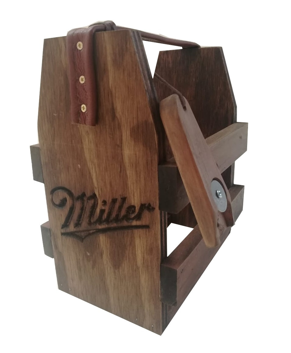 Caja de madera natural terminado tipo vintage para sixpack de cervezas tallado miller