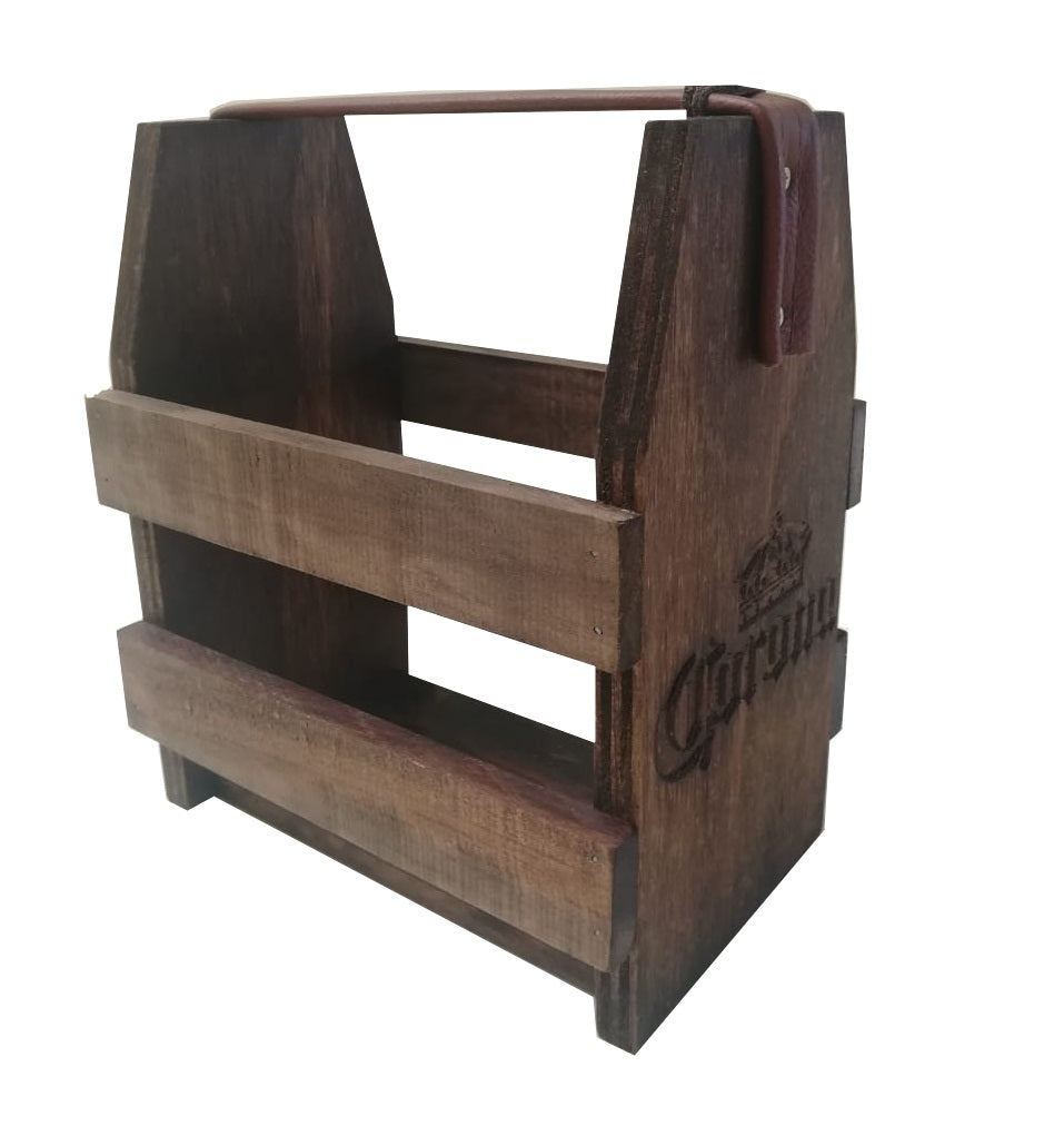 Caja de madera natural terminado tipo vintage para sixpack de cervezas tallado corona