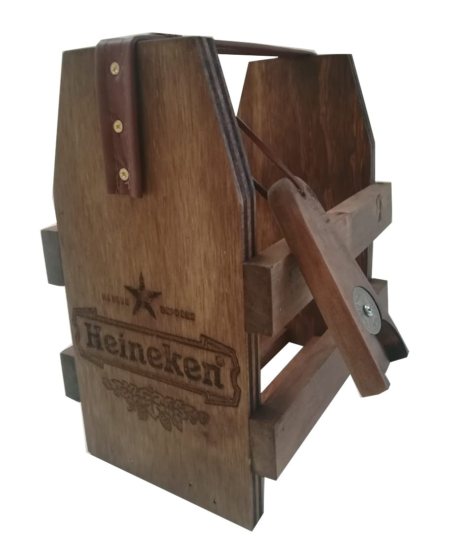 Caja de madera natural terminado tipo vintage para sixpack de cervezas tallado heineken