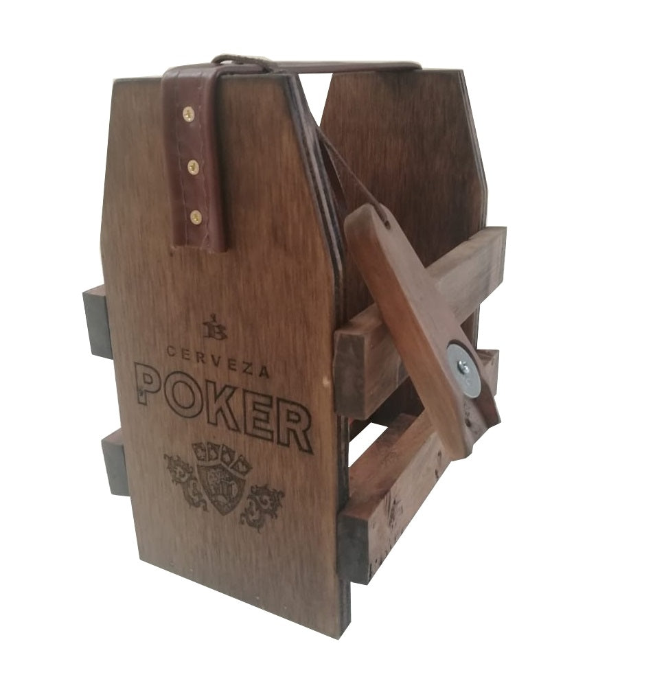 Caja de madera natural terminado tipo vintage para sixpack de cervezas tallado poker