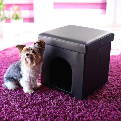 Casa cubo puff tipo baul para mascotas pequeñas en cuero sintetico color negro