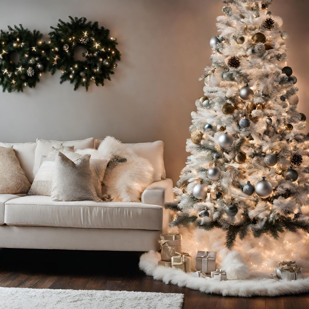 Pie De Árbol Navidad 120 cm Peludo - Blanco Perla