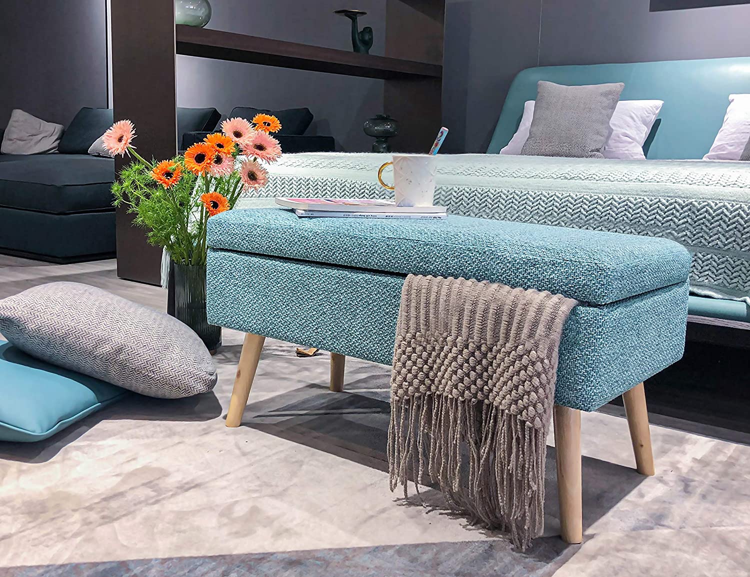Baúl 100x40cm Sala En Patas De Madera Natural - Turquesa - Banzay