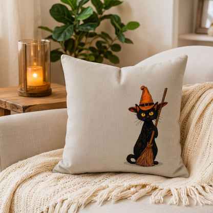 Funda Halloween Gato con Escoba y Sombrero