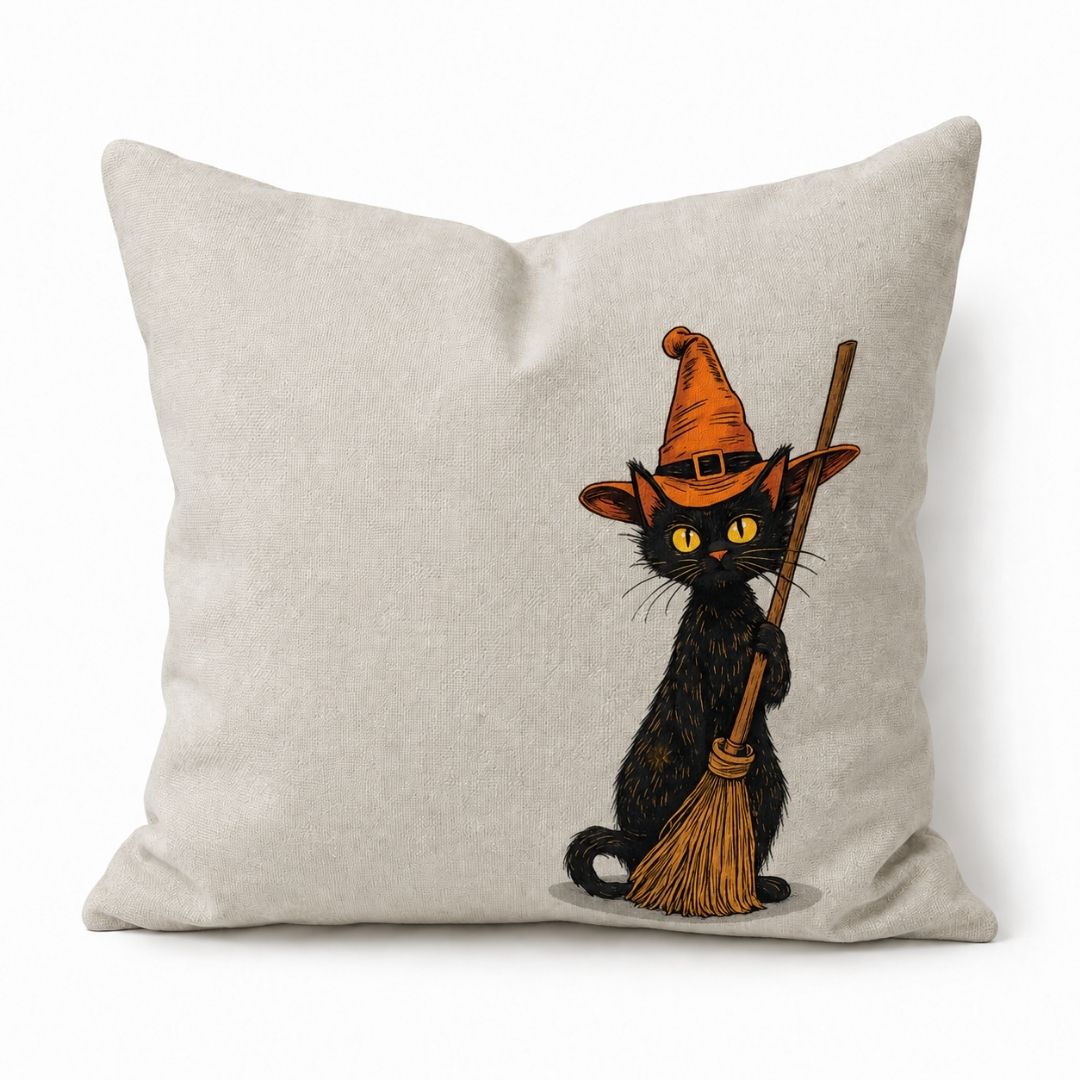 Funda Halloween Gato con Escoba y Sombrero