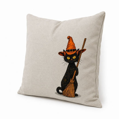 Funda Halloween Gato con Escoba y Sombrero