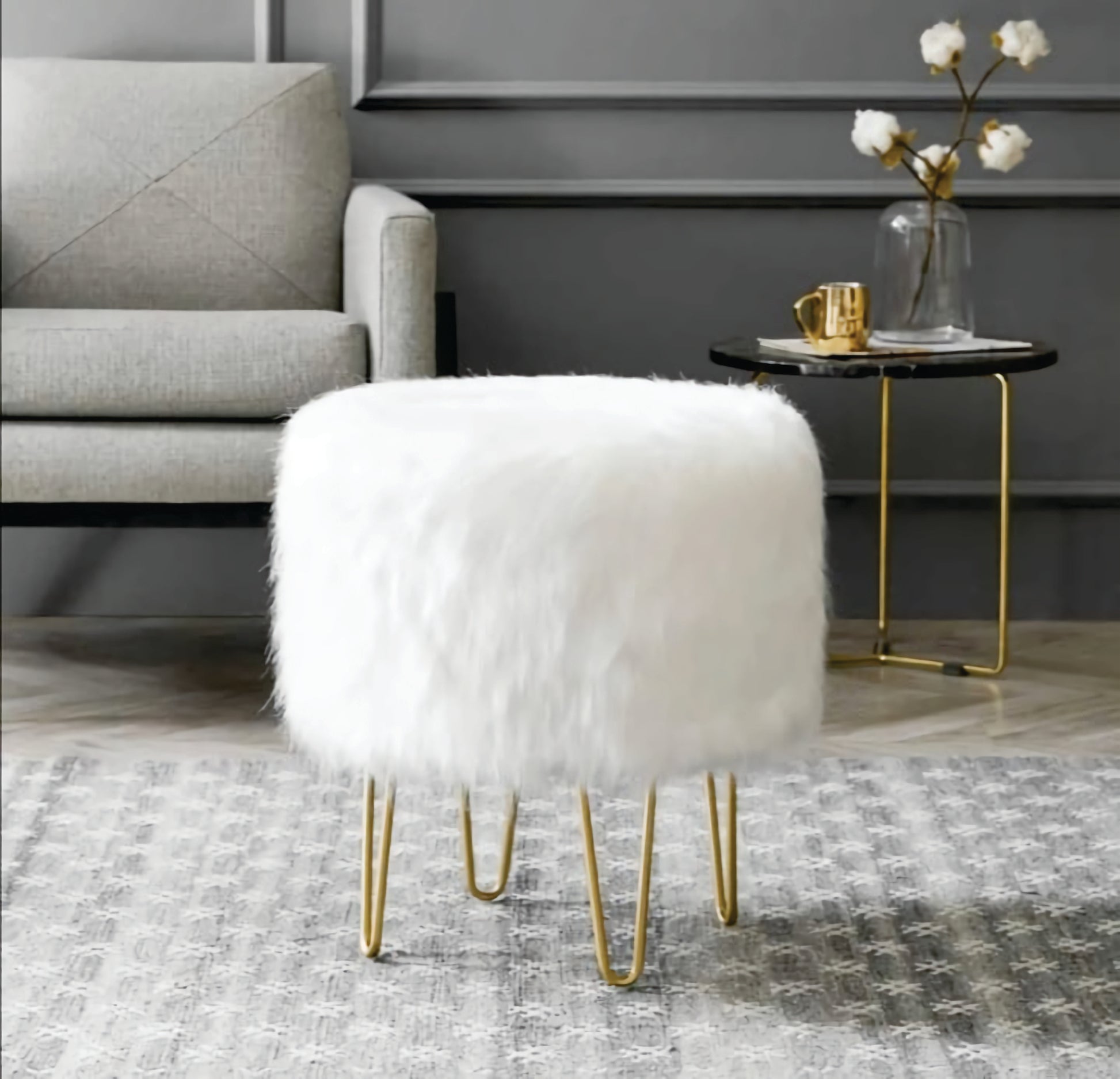 Silla Puff Peluche Tocador de Maquillaje - Blanco - Banzay