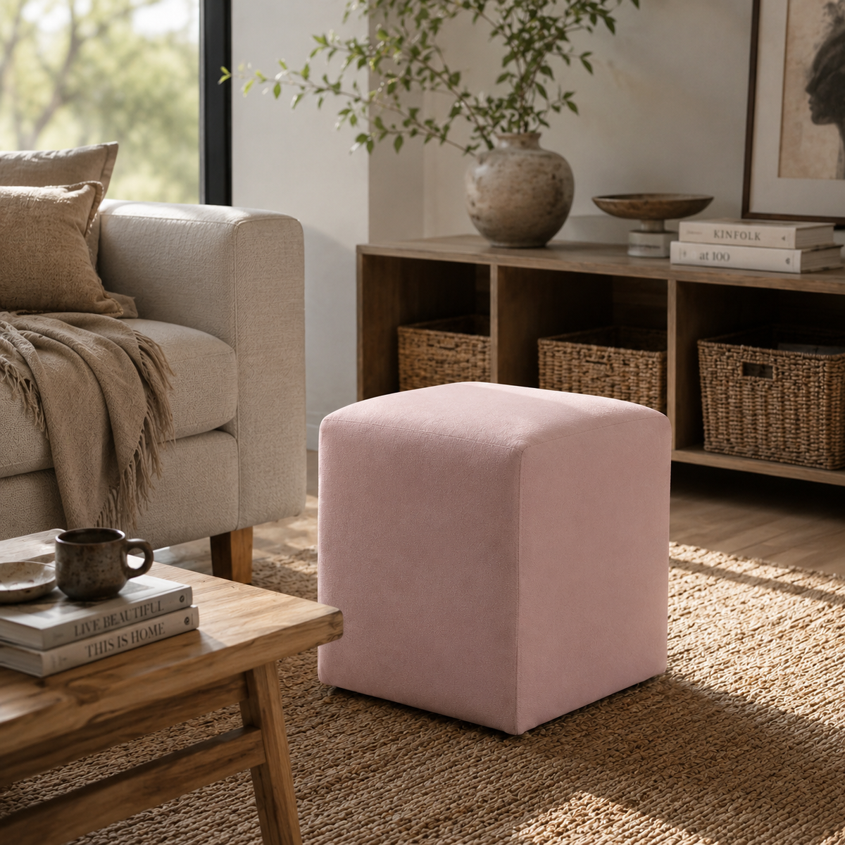Puff 37x37 Cuadrado Tela Rosado - Banzay