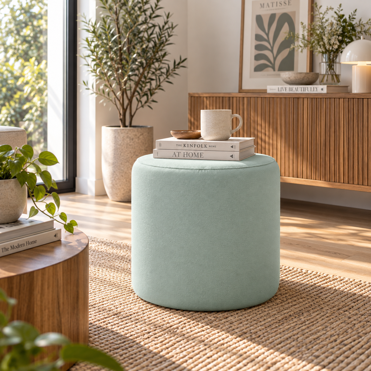 Puff 37X37 Redondo Tela Menta - Banzay